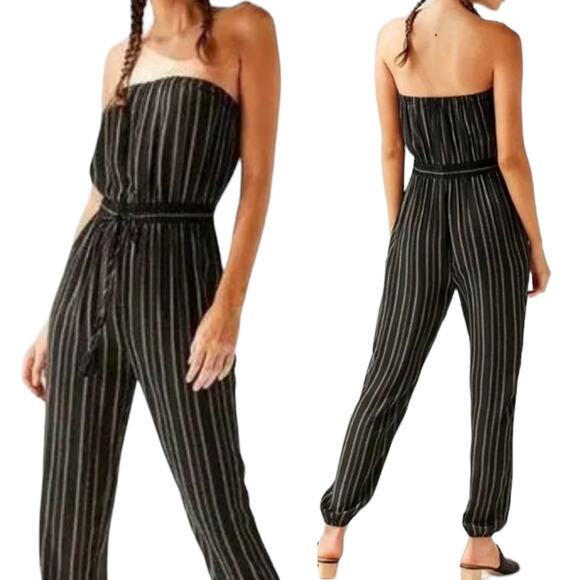 Urban Outfitters Strapless Jumpsuit Tie Waist Beige Stripes Black Womens Medium - Picture 1 of 8